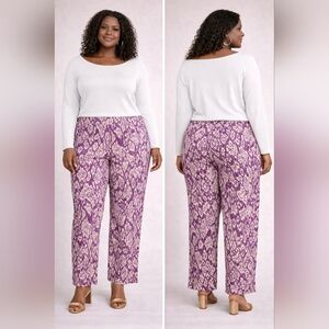 IMAN Womens Plus 2X Short Pull On Pants Purple Gold Print Stretch Comfort